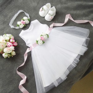 Mila doopjurk, feestjurk + haarband + schoenen kleur: wit maat. 56, 62, 68, 74, 80, 86, 92, 98 Doopjurk, Doopjurk Babykant