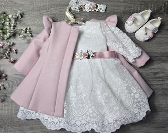 Christening gown + coat + headband, christening set, christening clothes for girls, christening outfit, christening coat, ivory baptism dress