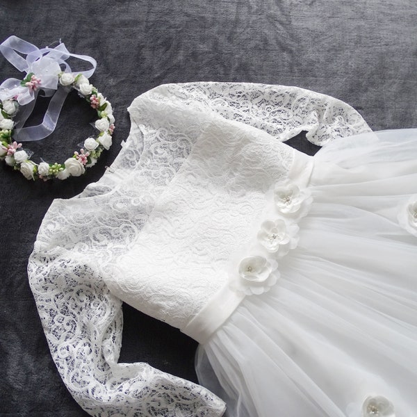Fille de fleur en dentelle, robe de fille en dentelle, robe en dentelle écru, robe de fille de fleur en dentelle écru, taille de robe de première communion 122-164