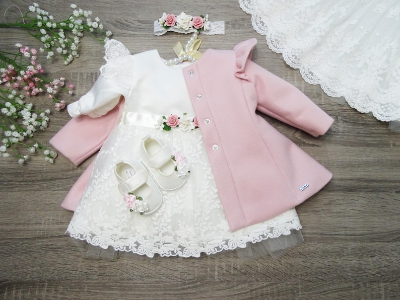 Christening Gown Coat Headband, Christening Set, Christening Clothing for Girls Christening