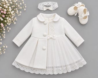 Christening gown + coat + headband, christening set, christening clothes for girls, christening outfit, christening coat, ivory baptism dress