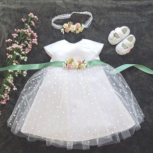 Christening gown, party dress + headband + belt set 3 pieces. Color: white Sizes 56, 62, 68, 74, 80, 86, 92, 98