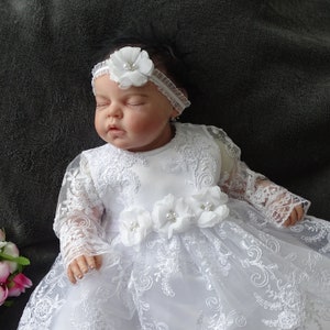 Amelie Christening Dress, Party Dress + Headband + Shoes Size 56, 62, 68, 74, 80, 86 Baby Girl Long Sleeve Christening Dress | Girls Baby Girl Lace