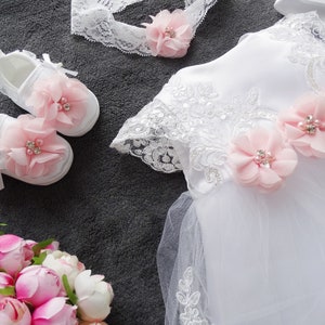 Baptism dress, party dress headband, set 4 pieces. Color: white/pink size. 56, 62, 68, 74, 80, 86, 92, 98 image 8
