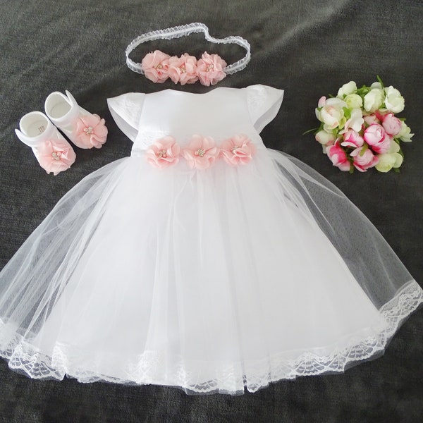 Baptism dress, party dress + headband set 2 pieces. Livia color: white/pink size. 56, 62, 68, 74, 80, 86, 92, 98