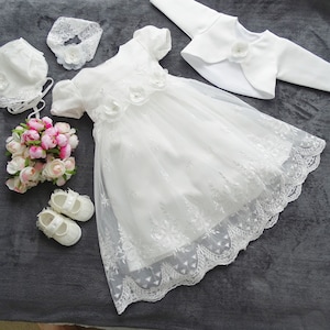 Dana christening dress, party dress + headband + bolero set 5 pieces. Color: ivory ecru size 56, 62, 68, 74, 80, 86,