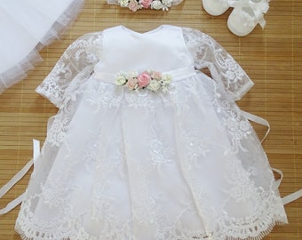 Robe de baptême, robe de soirée + bandeau + taille de chaussures. 56, 62, 68, 74, 80, 86 Robe de baptême à manches longues pour bébés filles | Fille Bébé Fille Dentelle Amélie