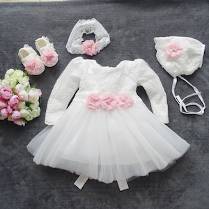 Maja Christening Dress, Party Dress + Headband + Hat + Shoes Set 4 Pieces Size 56, 62, 68, 74, 80, 86, 92, 98 Baptism Dress, Christening Dress Baby