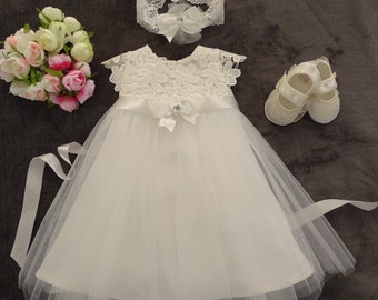 Baptism dress, party dress + headband + shoes "Emy", color: ecru/ivory, size. 56, 62, 68, 74, 80, 86, 92, 98 Baptism Dress, Christening Dress Baby