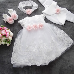 Baptism dress, party dress headband, set 4 pieces. Color: white/pink size. 56, 62, 68, 74, 80, 86, 92, 98 image 6