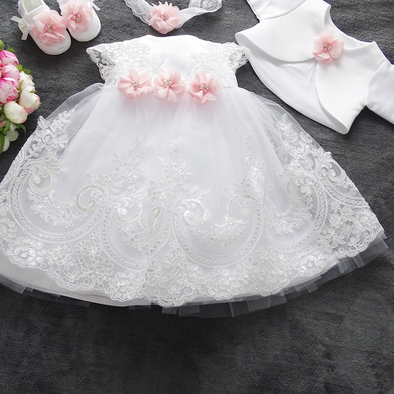 Baptism dress, party dress headband, set 4 pieces. Color: white/pink size. 56, 62, 68, 74, 80, 86, 92, 98 image 5