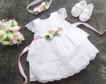 BIANKA white muslin dress + ribbon white dress with lace, muslin dress, christening dress, christening dress, 1st birthday