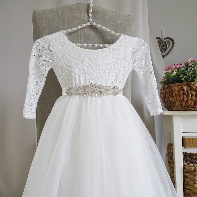 Blumenmädchenkleid Prinzessin Spitzenkleid Lange A-Linie Tüllkleid Festliche Mädchenkleider Party Hochzeit Brautjungfern Kommunionkleid Bild 6