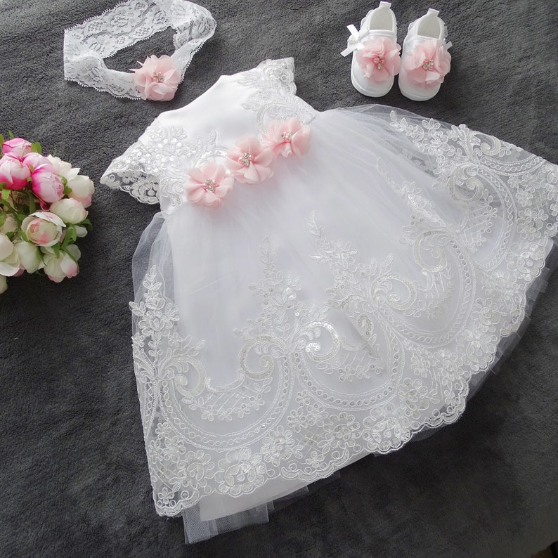 Baptism dress, party dress headband, set 4 pieces. Color: white/pink size. 56, 62, 68, 74, 80, 86, 92, 98 image 2