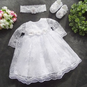 Abito da battesimo Amelie, abito da festa + fascia per capelli + scarpe taglia Amelie. 56, 62, 68, 74, 80, 86 Abito da battesimo a maniche lunghe per neonata | Ragazza bambina