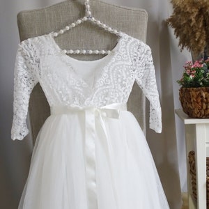 Boho Boho flower girl dress, white lace tulle girl dress, lace flower girl dress, rustic flower girl dress, communion