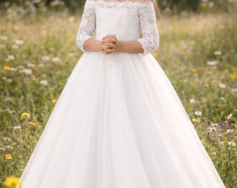 Girls' Communion Dress in Lace & Tulle – Elegant Party Dress with Wide Tulle Skirt, Cream White