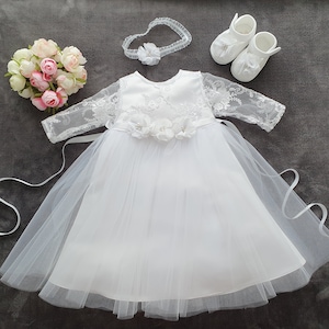 Baptism dress, party dress + headband, set 2 pieces. Gr. 56, 62, 68, 74, 80,86