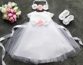 Taufkleid, Festkleid +Stirnban + Schuhe  Set 3 Tlg. "EMMA" Gr. 56, 62, 68, 74, 80, 86, 92, 98 Baptism Dress, Christening Dress Baby Lace