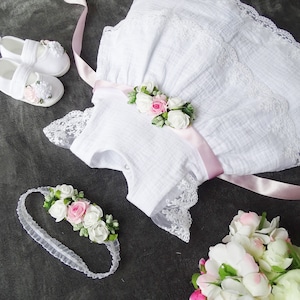 Cotton 100% white muslin dress + ribbon white dress with lace, muslin dress, christening dress, christening dress, christening dress, 1st birthday