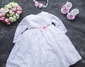 Julia baptism dress, party dress + headband, set 2 pieces. Color: whiteSize. 56, 62, 68, 74, 80, 86, 92, 98