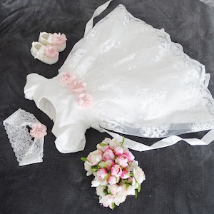 ELLE Traditional long christening dress, party dress + headband set 2 pieces. Color: ecru/ivory, size 56, 62, 68, 74, 80, 86, 92, 98
