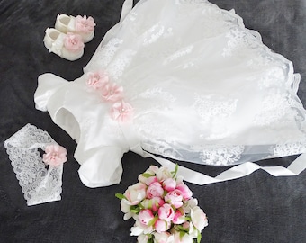 ELLE Traditional long baptism dress, party dress + headband set 2 pieces. Color: ecru/ivory, size. 56, 62, 68, 74, 80, 86, 92, 98