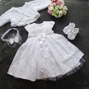 Julia christening dress, party dress + headband + shoes + bolero set 4 pieces. Color: white/pink size 56, 62, 68, 74, 80, 86,
