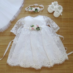 Christening dress, party dress + headband size 56, 62, 68, 74, 80, 86 Baby girl long-sleeved christening dress | Girls Baby girl lace Amelie