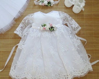 Taufkleid, Festkleid + Stirnband    Gr. 56, 62, 68, 74, 80, 86 Baby Mädchen Langarm Taufkleid | Mädchen Baby Mädchen Spitze Amelie