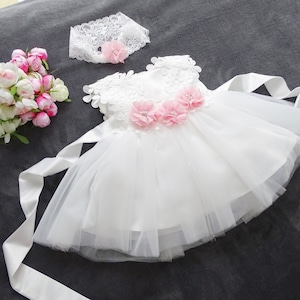 Christening gown, party dress + headband set 2 pieces. Color: ecru Sizes 62, 68, 74, 80, 86, 92, 98