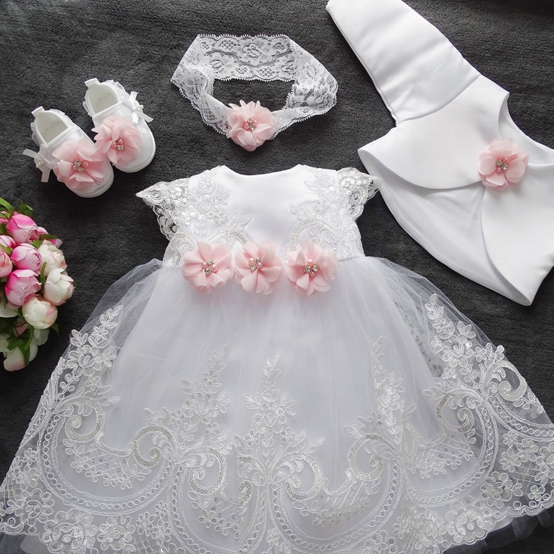 Baptism dress, party dress headband, set 4 pieces. Color: white/pink size. 56, 62, 68, 74, 80, 86, 92, 98 image 4