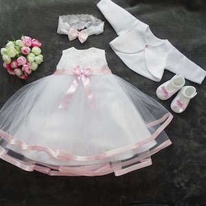 Baptism dress, party dress + headband + shoes + bolero "CLARA" color: white/pink size. 56, 62, 68, 74, 80, 86, 92, 98