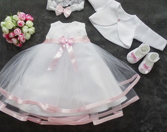 Baptism dress, party dress + headband + shoes + bolero "CLARA" color: white/pink size. 56, 62, 68, 74, 80, 86, 92, 98