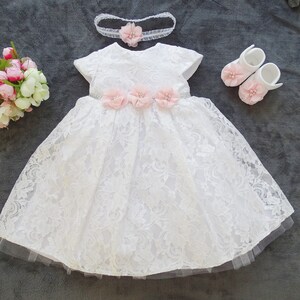 Julia christening dress, party dress + headband + shoes set 3 pieces. Color: white - pink size 56, 62, 68, 74, 80, 86, 92, 98
