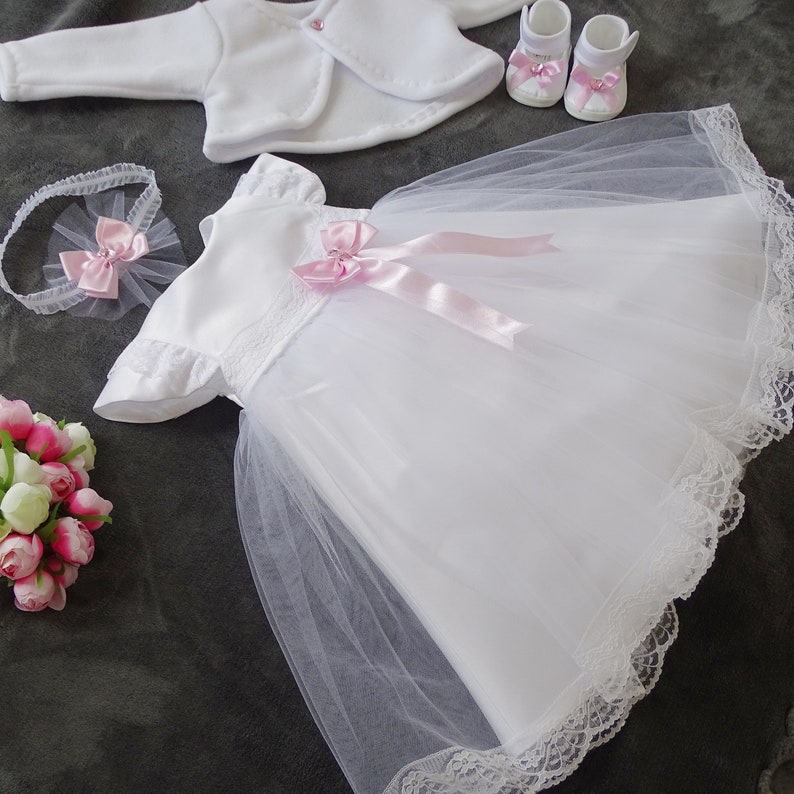 Christening dress, party dress headband, set of 4 pieces Livia Color: white/pink Size 56, 62, 68, 74, 80, 86, 92, 98 image 5