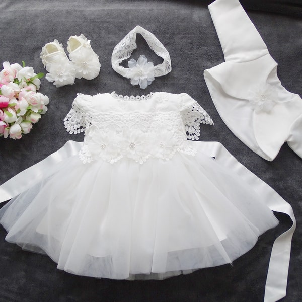 Sara baptism dress, party dress + headband + bolero + shoes set 4 pieces. Color: ivory ecru size. 56, 62, 68, 74, 80, 86.92