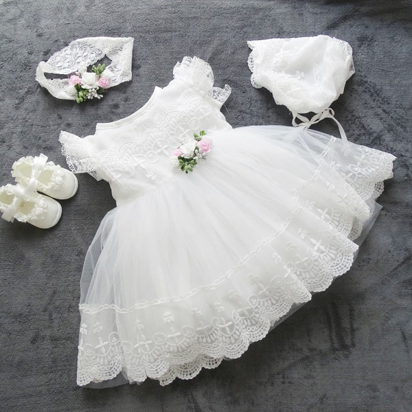 Baptism dress, party dress + headband + hat + shoes size. 62, 68, 74, 80, 86, 92, 98 Baptism Dress, Christening Dress Baby Lace