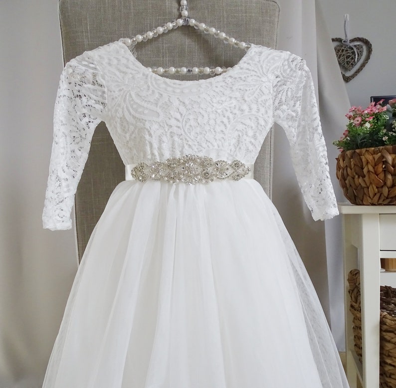 Blumenmädchenkleid Prinzessin Spitzenkleid Lange A-Linie Tüllkleid Festliche Mädchenkleider Party Hochzeit Brautjungfern Kommunionkleid Bild 1