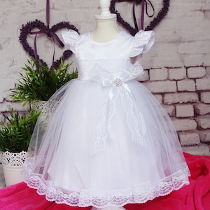 Livia christening dress, party dress + headband, set of 2 pieces. Color: white Size 56, 62, 68, 74, 80, 86