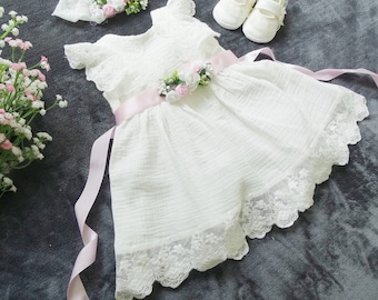 100% cotton christening gown, baby dress, christening gown made of cotton muslin, ivory baby boho dress, baby girl's