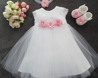 Taufkleid, Festkleid +Stirnband+Schuhe 3 Tlg. "Emma" Farbe: weiß-rosa Gr. 56, 62, 68, 74, 80, 86, 92, 98