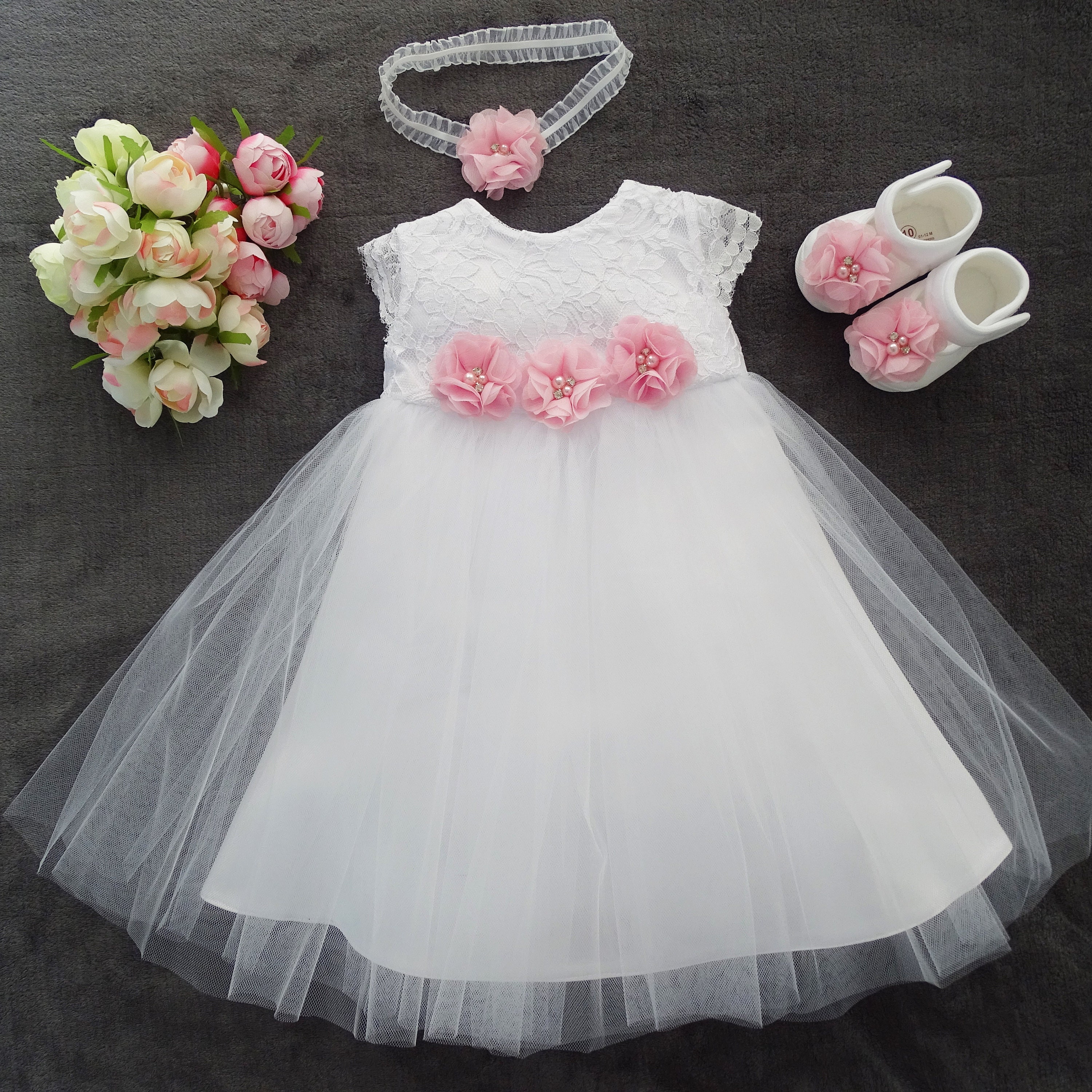 Baptism dress, party dress + headband + shoes 3 pieces. "Emma" color: white-pink size. 56, 62, 68, 74, 80, 86, 92, 98