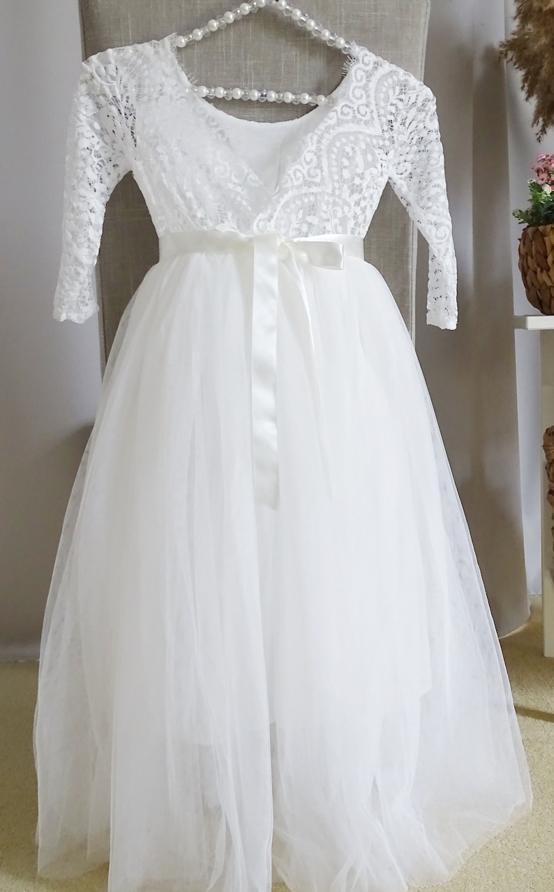 Blumenmädchenkleid Prinzessin Spitzenkleid Lange A-Linie Tüllkleid Festliche Mädchenkleider Party Hochzeit Brautjungfern Kommunionkleid Bild 5