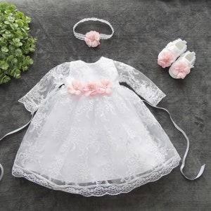 Amelie Christening Dress, Party Dress + Headband + Shoes Size 56, 62, 68, 74, 80, 86 Baby Girl Long Sleeve Christening Dress | Girls Baby Girl Lace