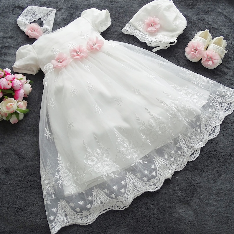 DANA baptism dress, party dress headband hat shoes set 4 pieces. Gr. 62.68, 74, 80, 86, 92.98 image 2