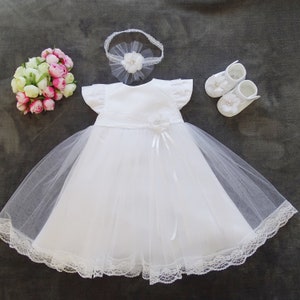 Christening dress, party dress + headband set 2 pieces Livia Color: white Size 56, 62, 68, 74, 80, 86, 92, 98