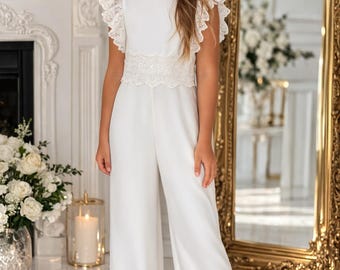 Kommunion Jumpsuit Mädchen ecru- ivory – Eleganter Festanzug für Kommunion, Spitze Overall Mädchen, Erstkommunion Outfit