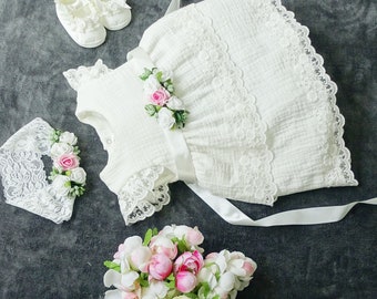 BIANKA ecru muslin dress +Srirnband ecru dress with lace, muslin dress, baptism dress, baptism dress, 1st birthday