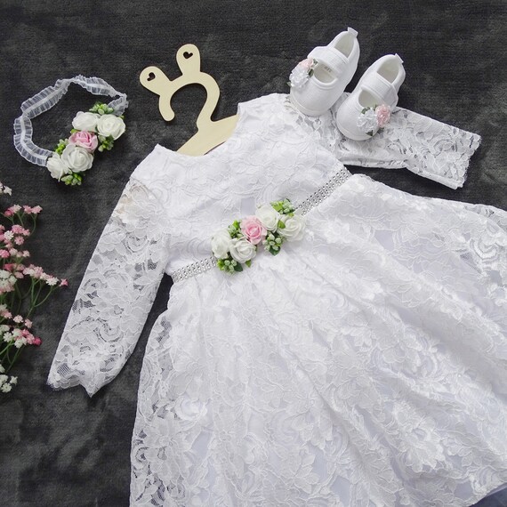 Robe de bapteme Julia robe de bapteme fleurs blanches avec dentelle robe bebe robe princesse Etsy France